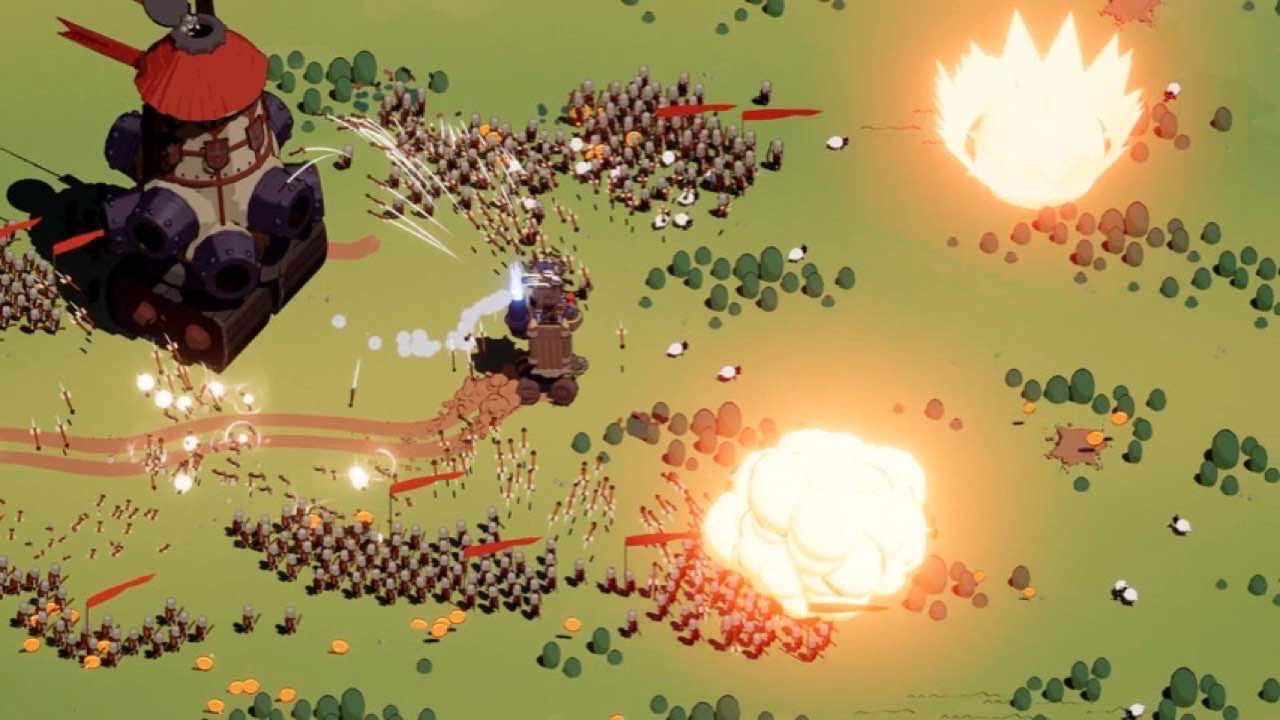 The moving castle rolls through grassland with a modular arsenal
