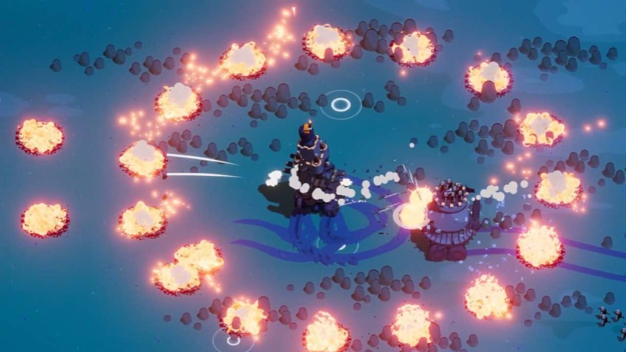 Front ram and side cannons cut through a village as the castle grows